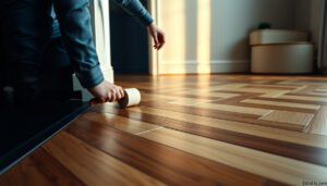 A person using tools to fix squeaks in chevron hardwood flooring.