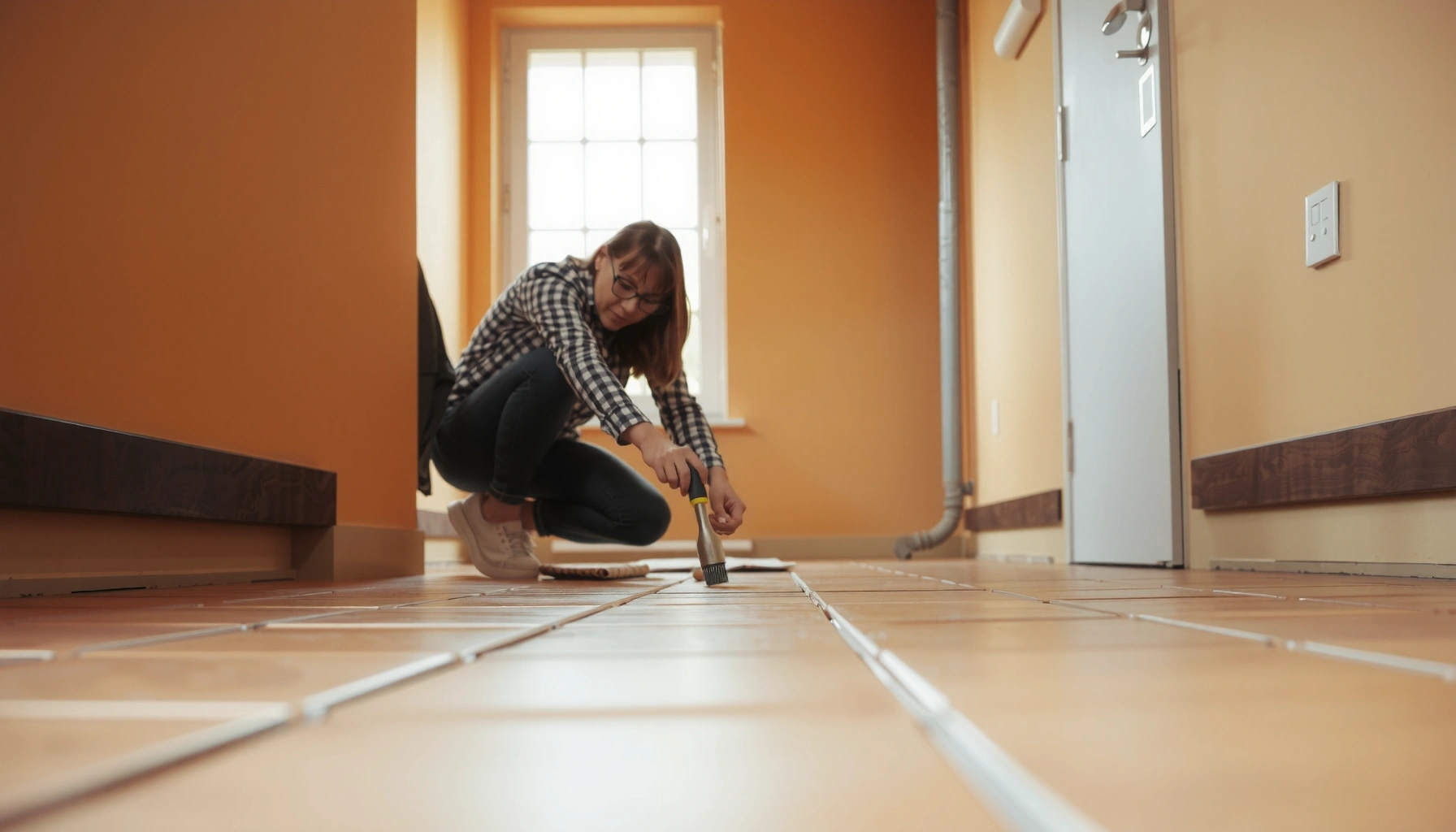A person demonstrating how to fix squeaks in terracotta floors without damaging the tiles.