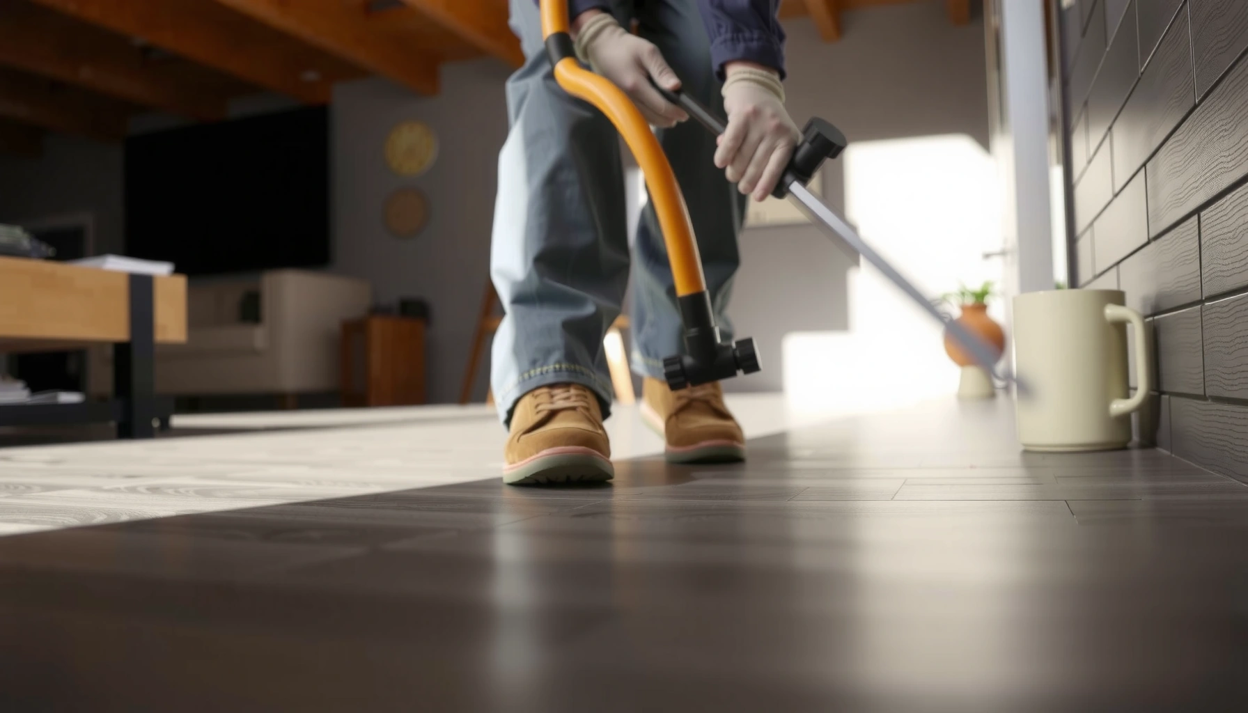 A person applying a solution to fix squeaks in sheet vinyl floors without replacement.