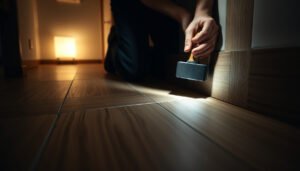 A person inspecting wood-look tile floors for squeaks and issues.