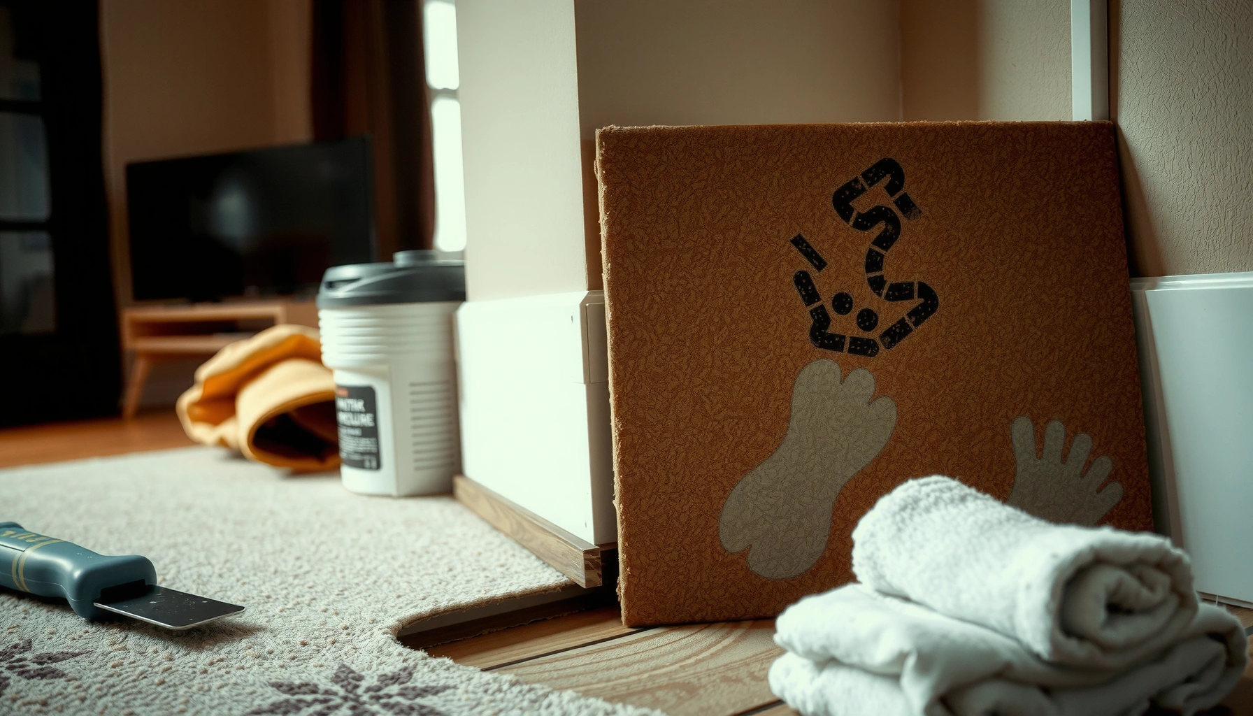 Step-by-step guide on fixing water damage on carpet tiles with tools and materials shown.