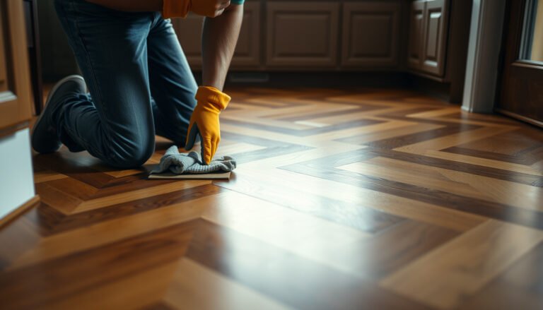 Step-by-step guide to fixing water damage on chevron floors with tools and materials.