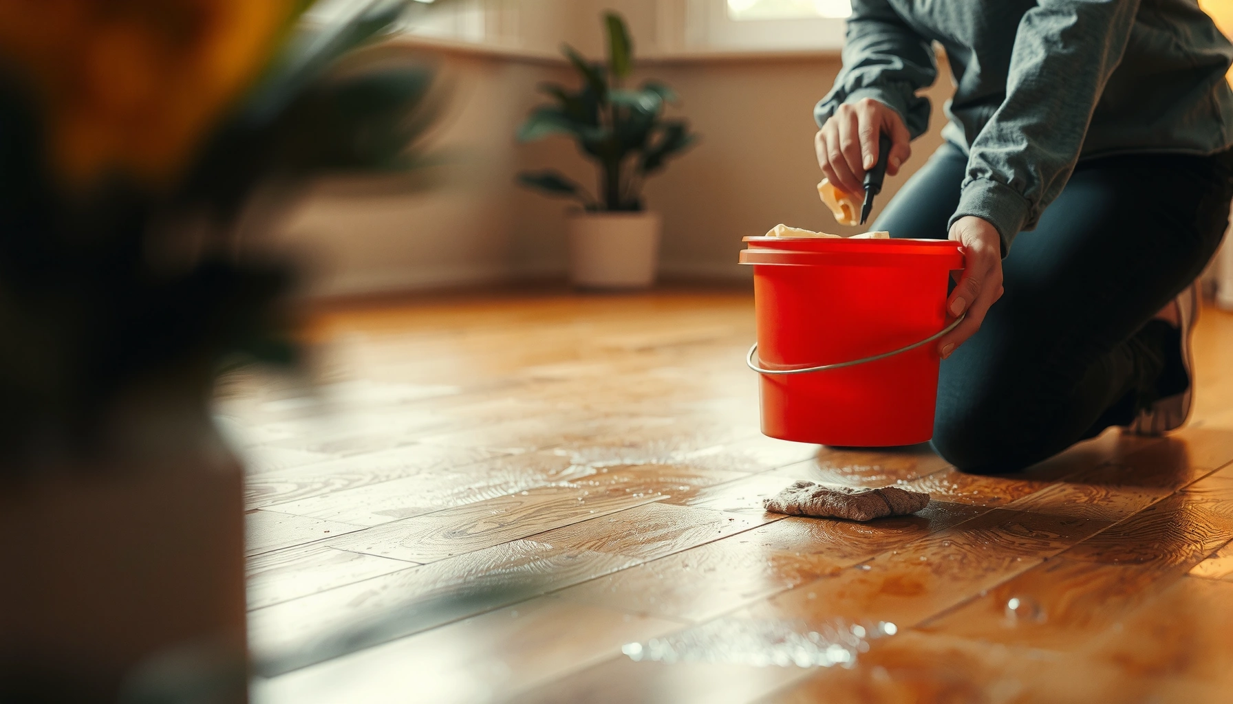 Step-by-step guide on fixing water damage on cork floors, showcasing tools and techniques.