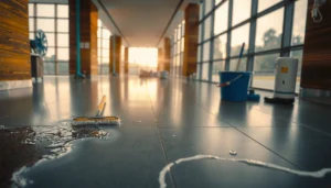Step-by-step guide to fixing water damage on commercial floors with tools and materials.
