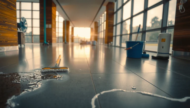 Step-by-step guide to fixing water damage on commercial floors with tools and materials.
