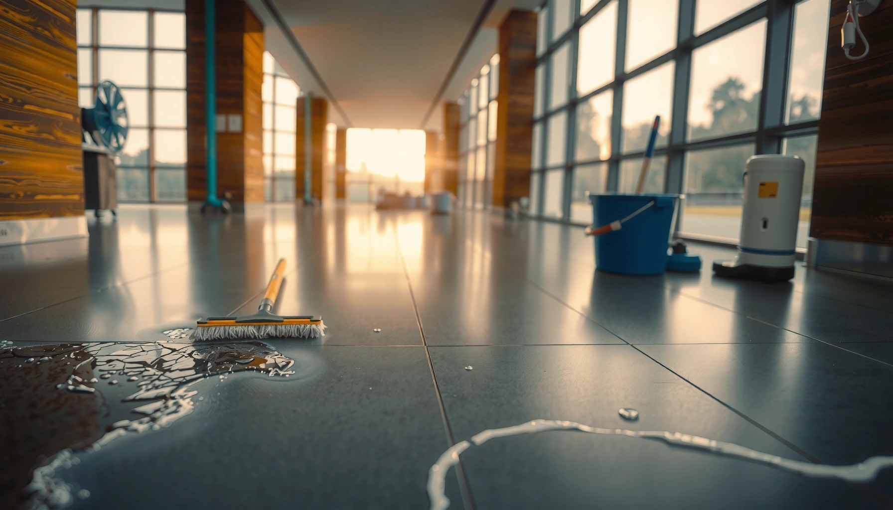 Step-by-step guide to fixing water damage on commercial floors with tools and materials.