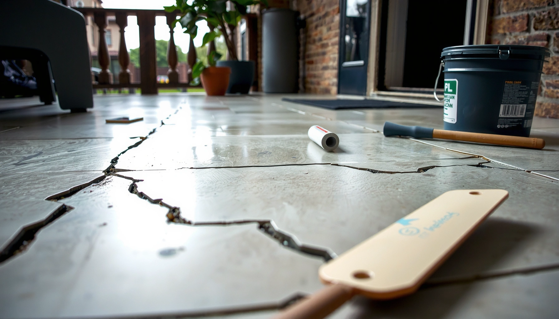 Step-by-step guide on fixing water damage on patio floors with tools and materials.