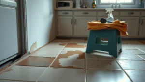 Step-by-step guide for repairing water damage on ceramic tile floors.