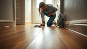 A person repairing water damage on wood-look tile floors with tools and materials.