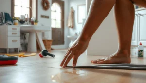 Step-by-step guide on fixing water damage on sheet vinyl floors with tools and materials.