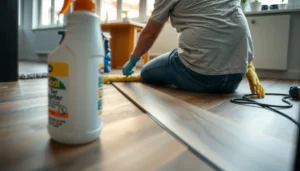 Step-by-step guide to fixing water damage on vinyl floors with tools and materials.