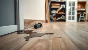 Step-by-step guide on fixing water damage on WPC floors with tools and materials.