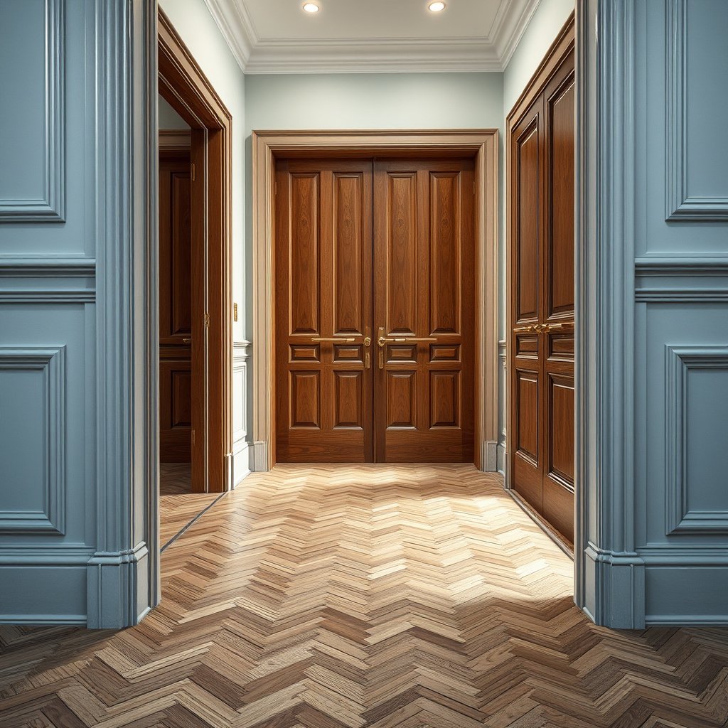 A clean break point framing a doorway for herringbone floor installation