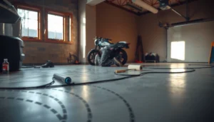 Step-by-step guide for installing garage floors with tools and materials shown.