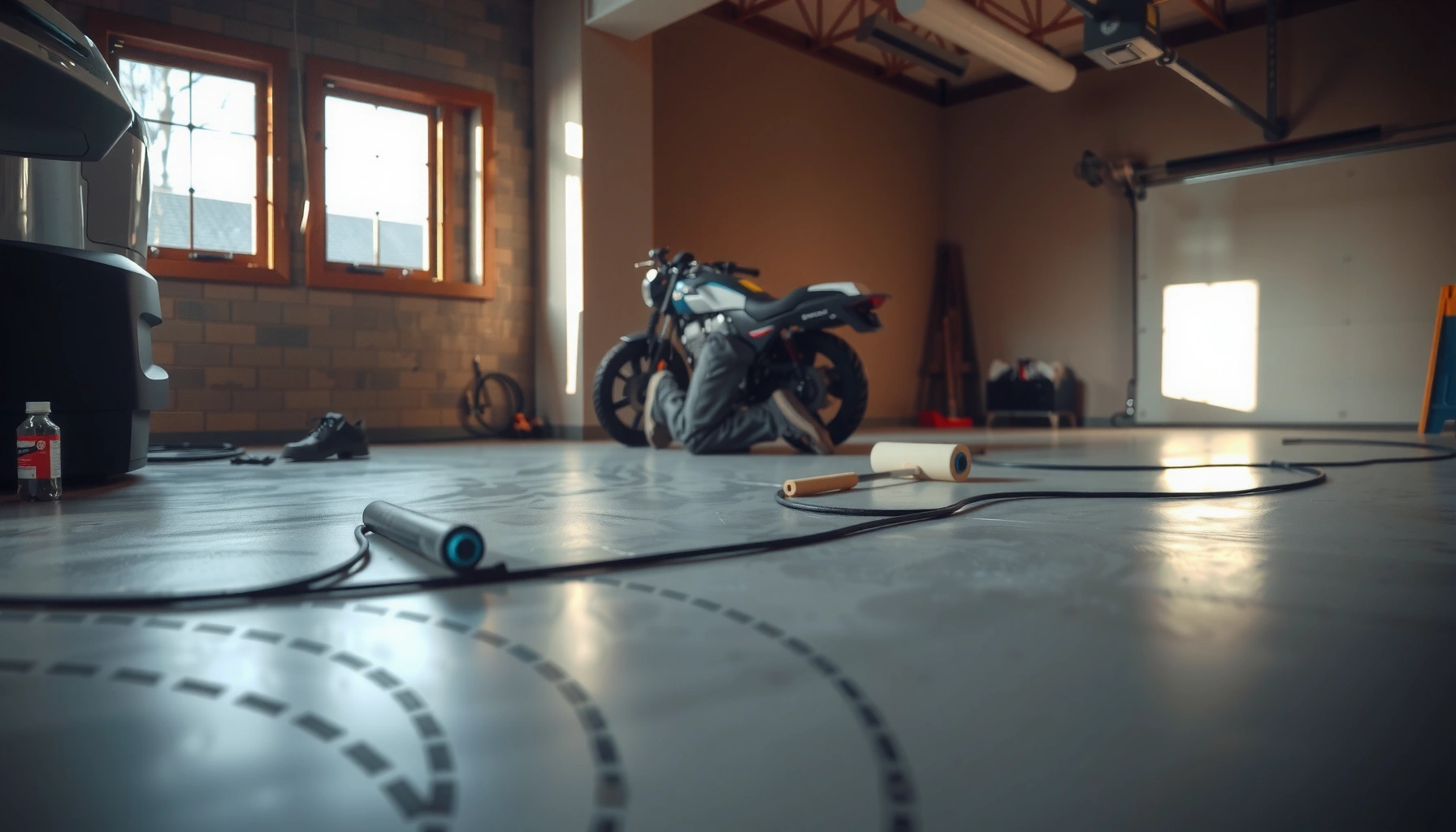 Step-by-step guide for installing garage floors with tools and materials shown.