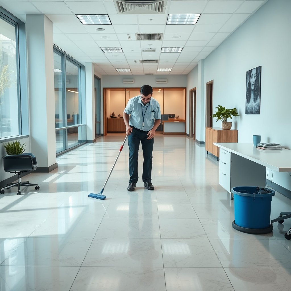 A selection of cleaning supplies for vinyl floors in a commercial office setting, including mops and cleaners.