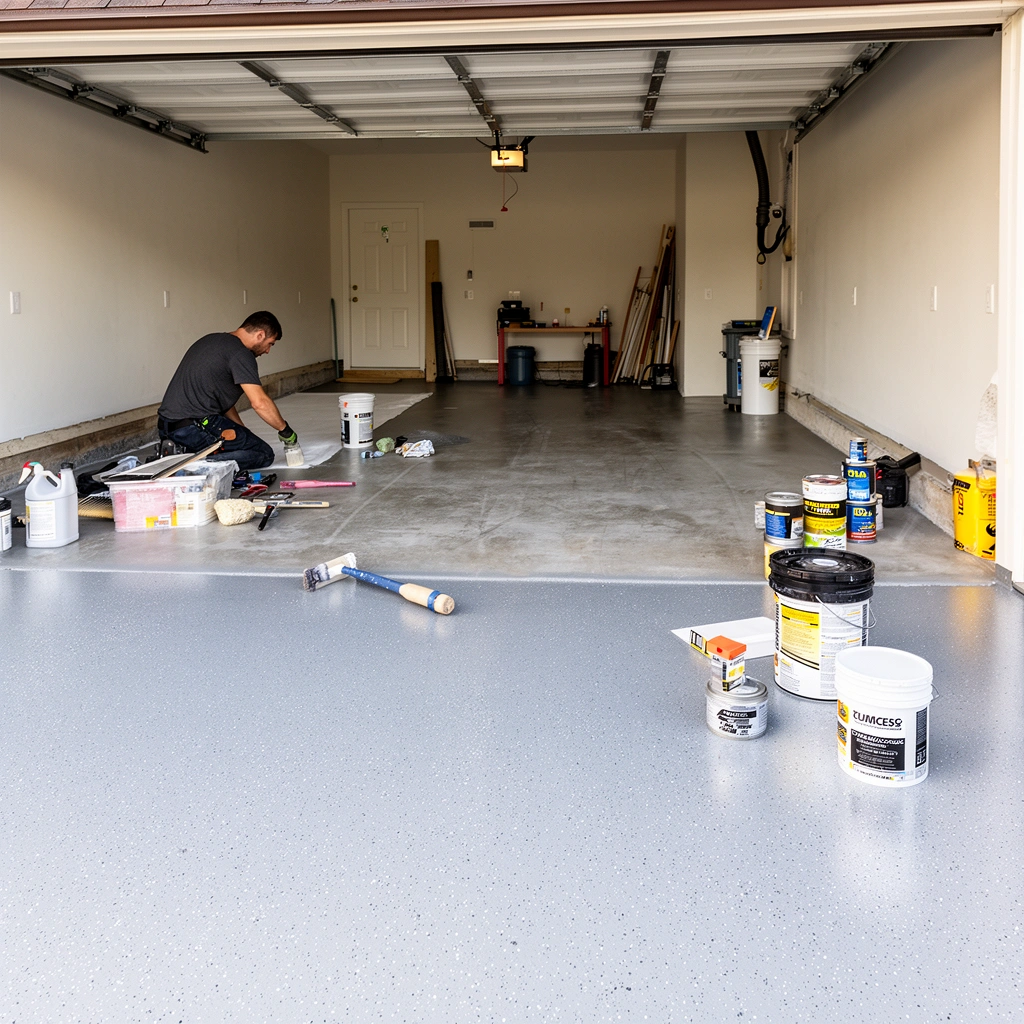 Materials needed for installing garage floors, including tools and flooring options.