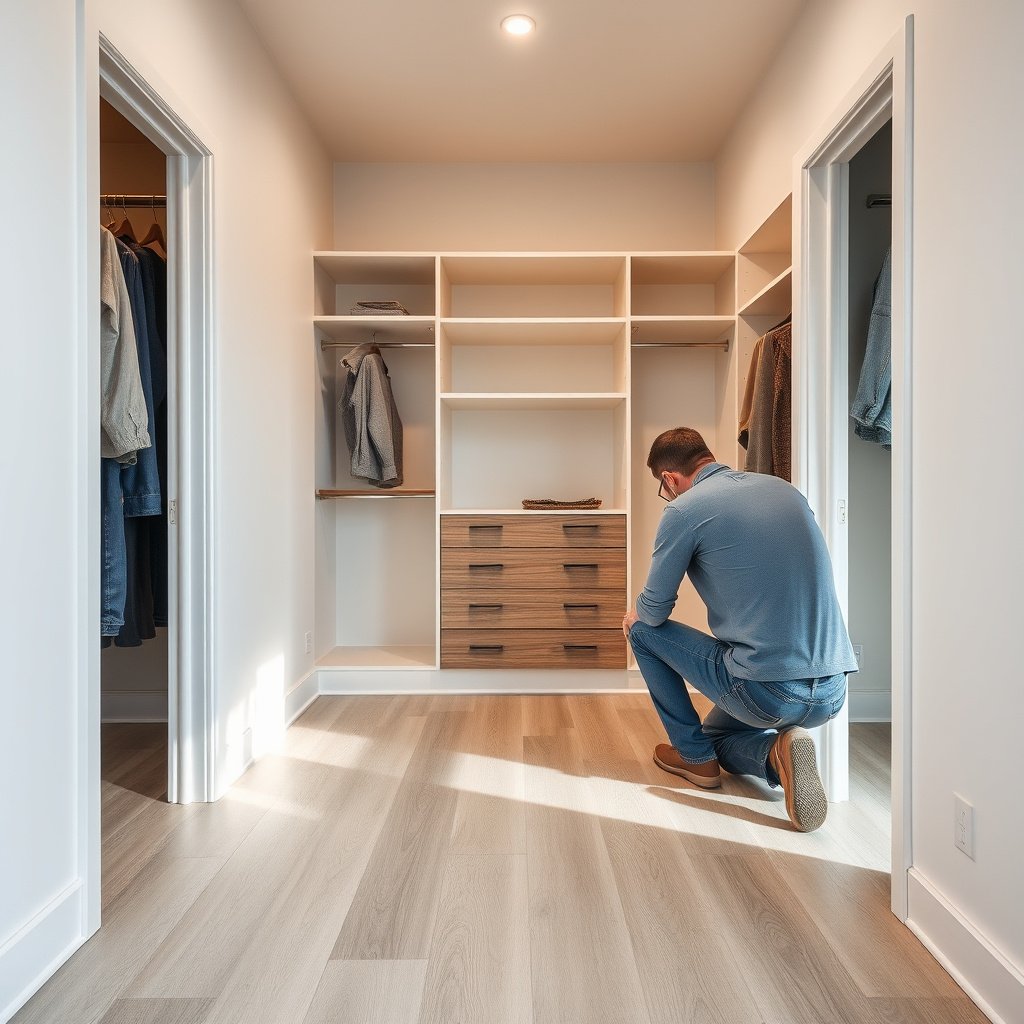Materials needed for installing transitions around vinyl floors in a closet.