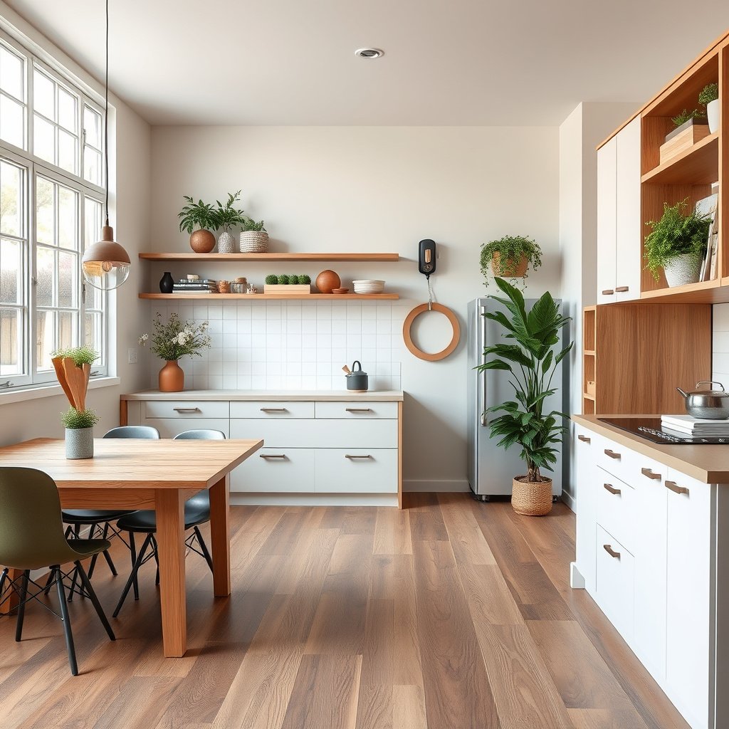 Tools and materials needed for measuring engineered wood floors in the kitchen