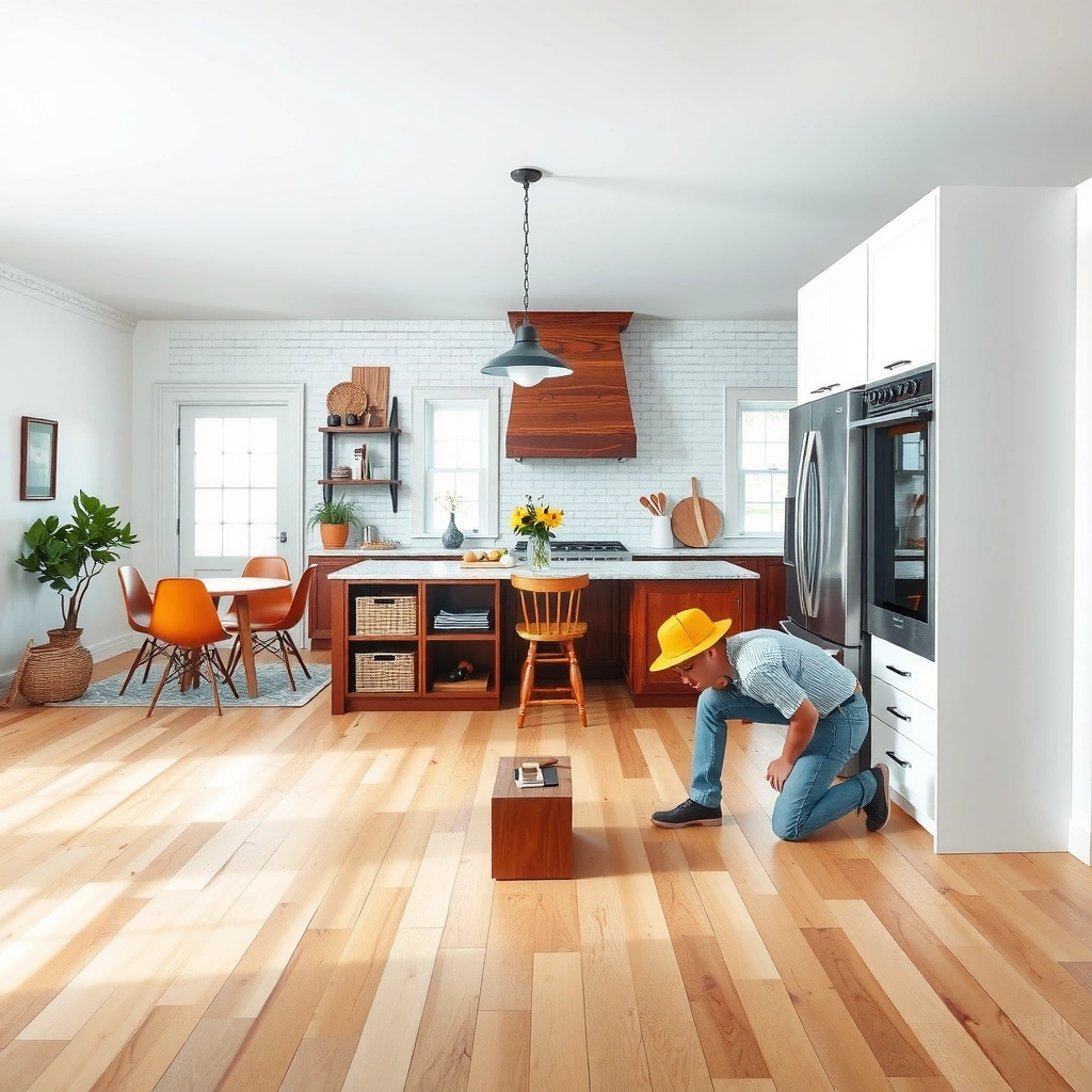 Measuring tools and materials needed for measuring hardwood floors in a kitchen