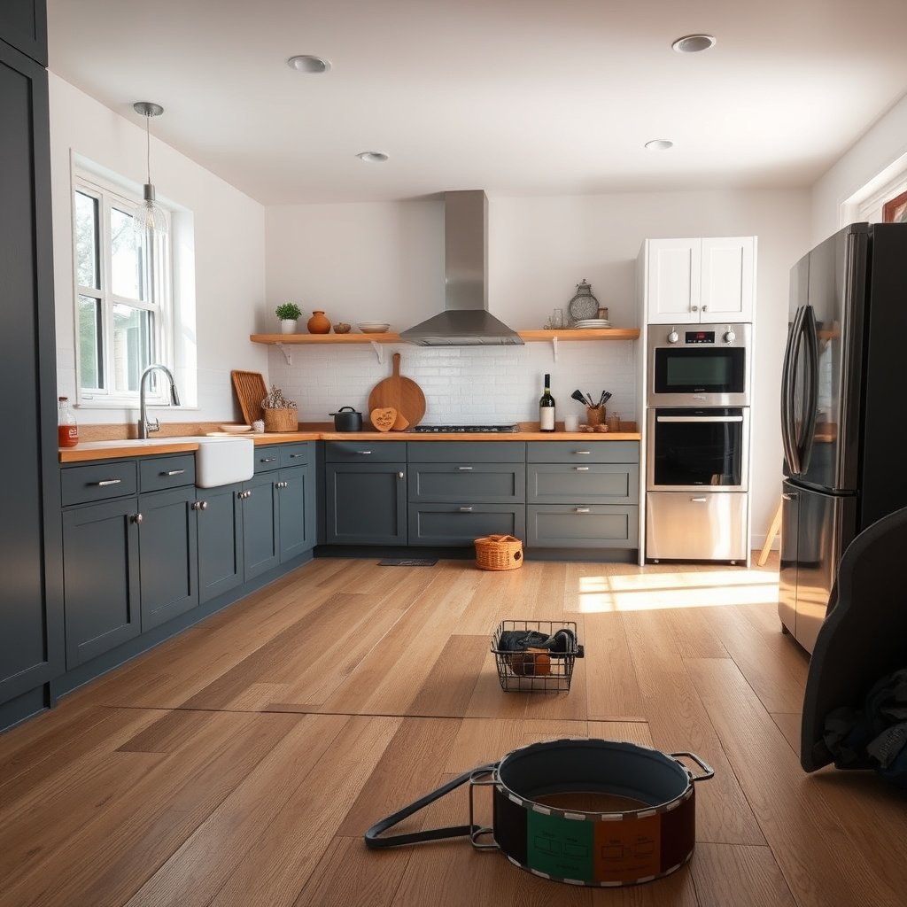 Supplies and tools needed to remove laminate floors from a kitchen, including a pry bar and safety gear.