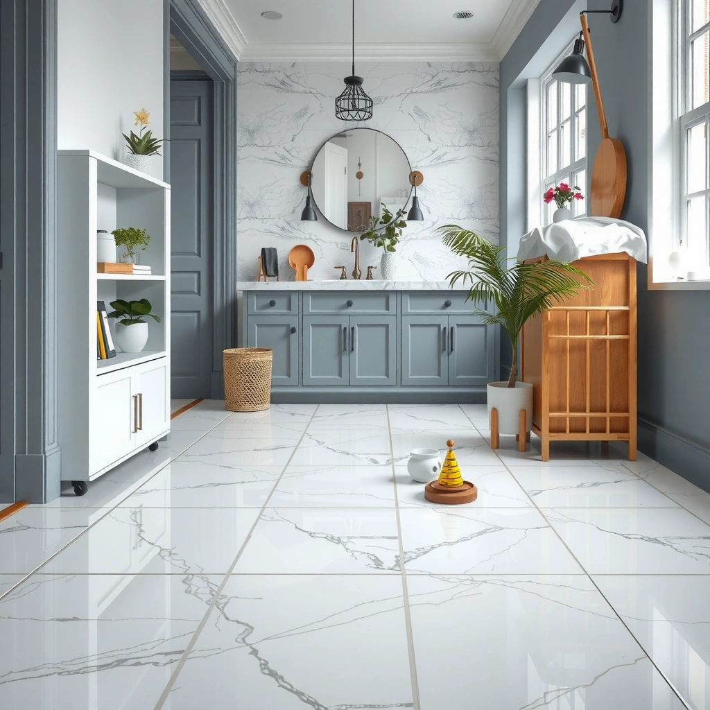 A collection of supplies needed to polish marble floors, including cleaners and polishing pads.