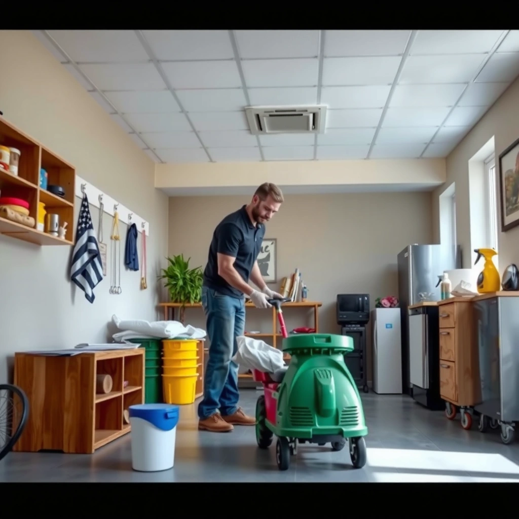 Supplies gathered for deep cleaning sheet vinyl floors, including mops, cleaners, and brushes.