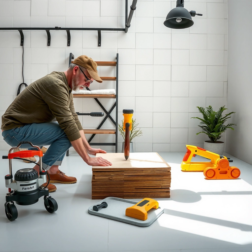 Tools and materials needed for replacing tile floors, confirming floor build-up.