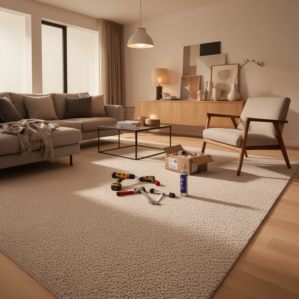 Tools and materials needed for installing living room carpet floors, including carpet type confirmation.
