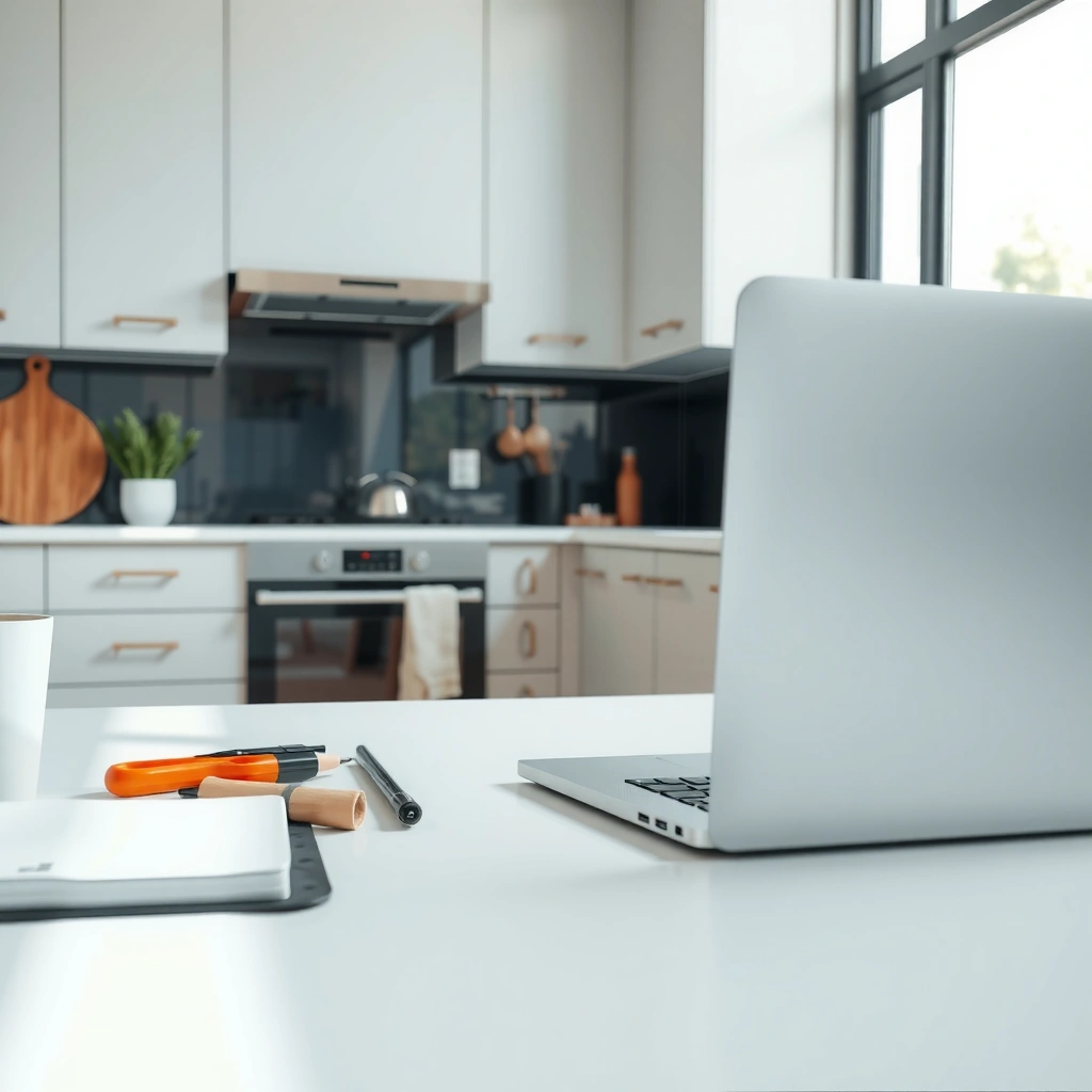A collection of tools and materials needed to install WPC floors in a kitchen, including planks and equipment.