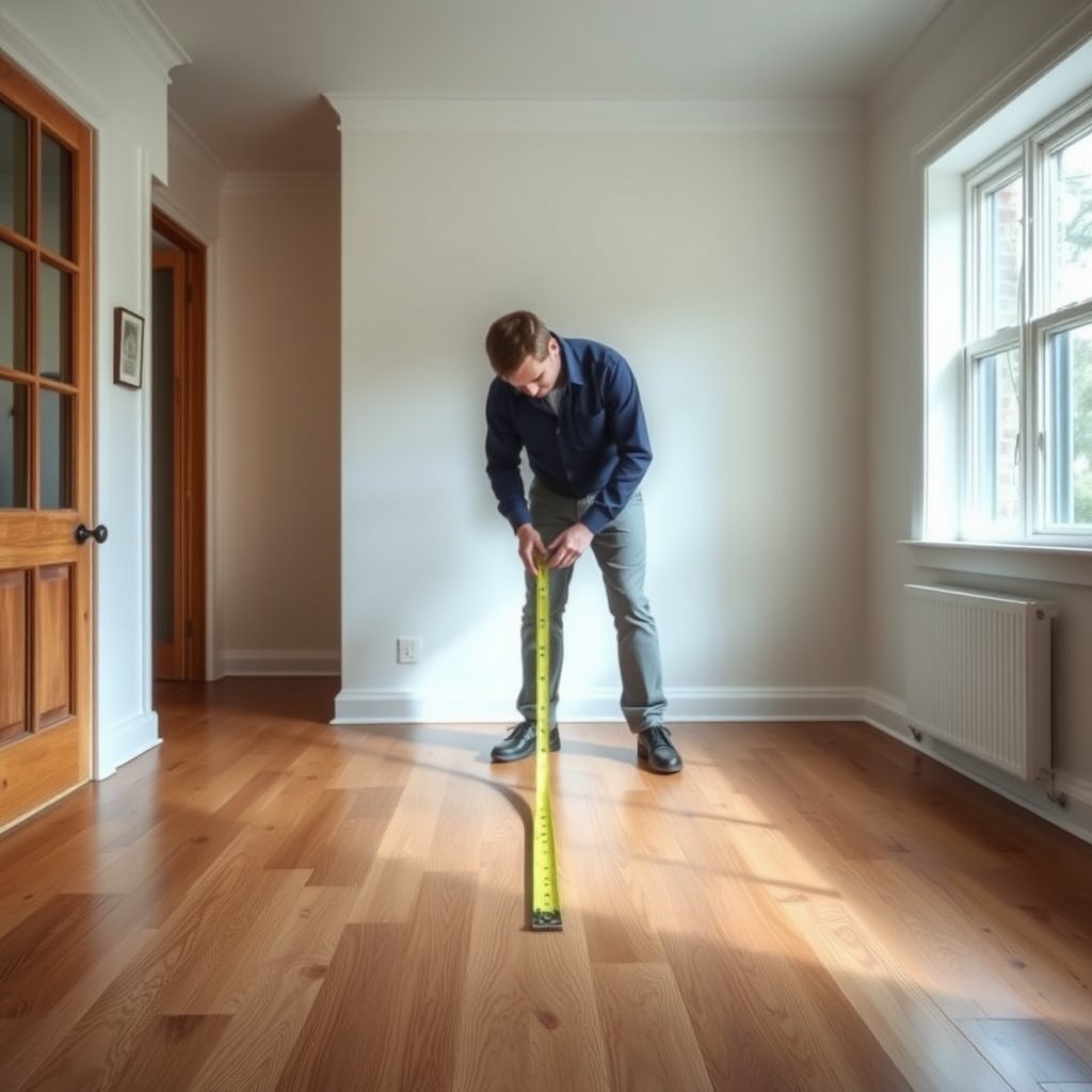 Tools and materials for measuring hardwood floors in a dining room, including measuring tape and notepad.
