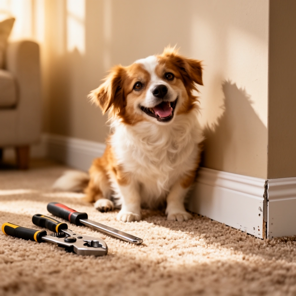 Tools and materials needed for installing baseboards in a carpeted room, including measuring tape and saw.