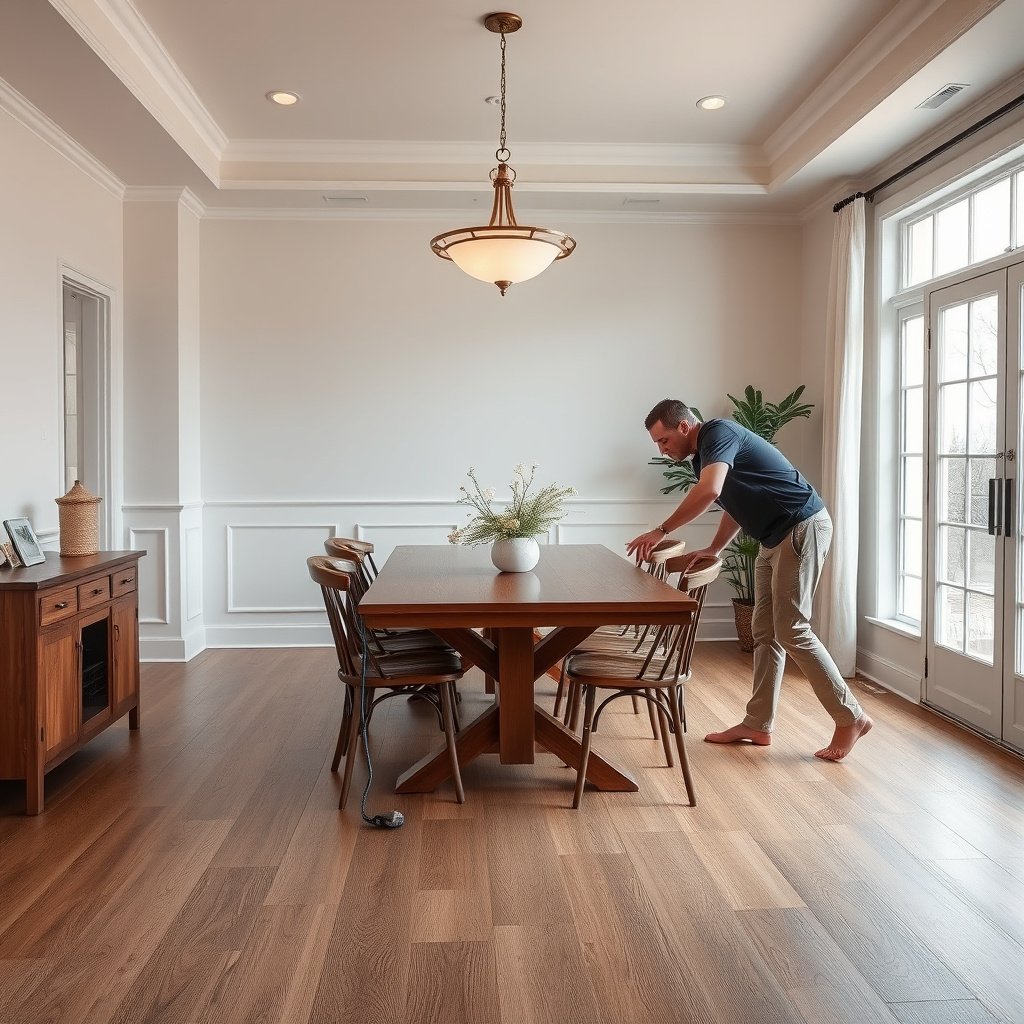 Tools and protective coverings for removing laminate floors in a dining room