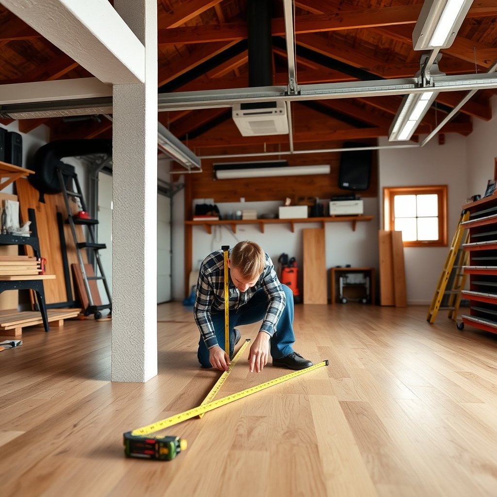 Tools needed for installing engineered wood floors in a garage, including measuring tape and saw.
