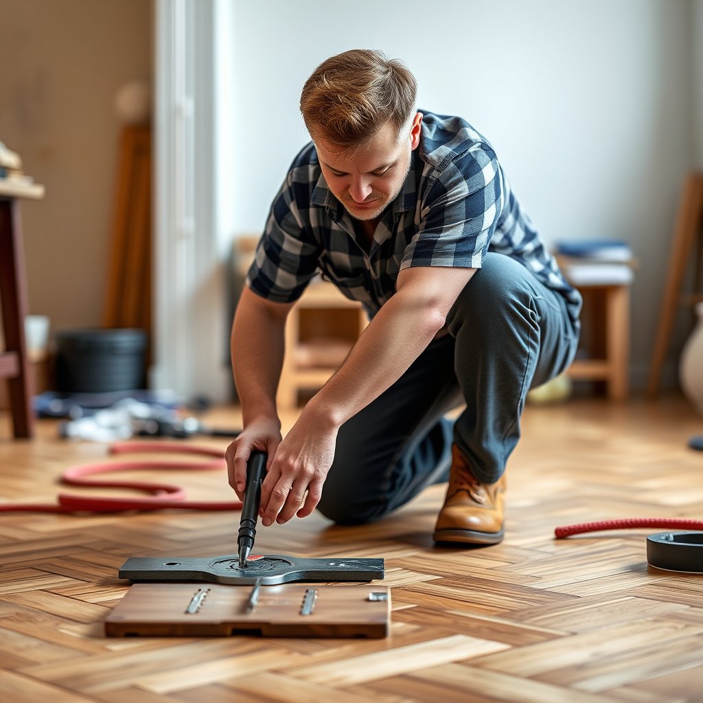Tools needed for repairing lifting herringbone floors, including adhesive and a putty knife.