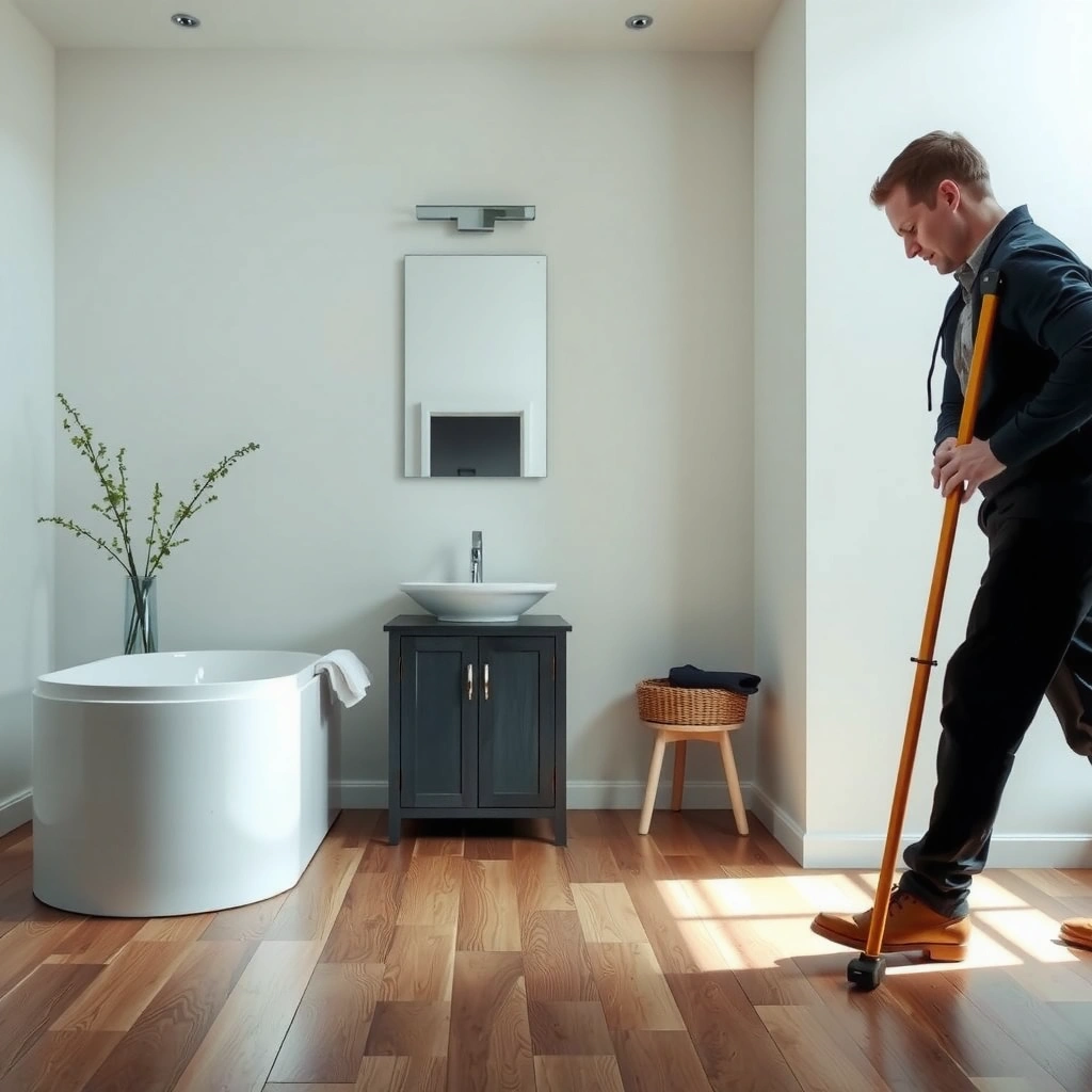Tools needed for measuring hardwood floors in a bathroom, including tape measure and notepad.