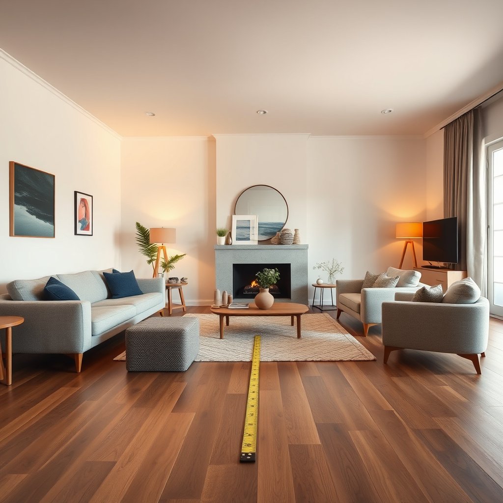 Tools needed to measure hardwood floors in a living room, including tape measure and notepad.