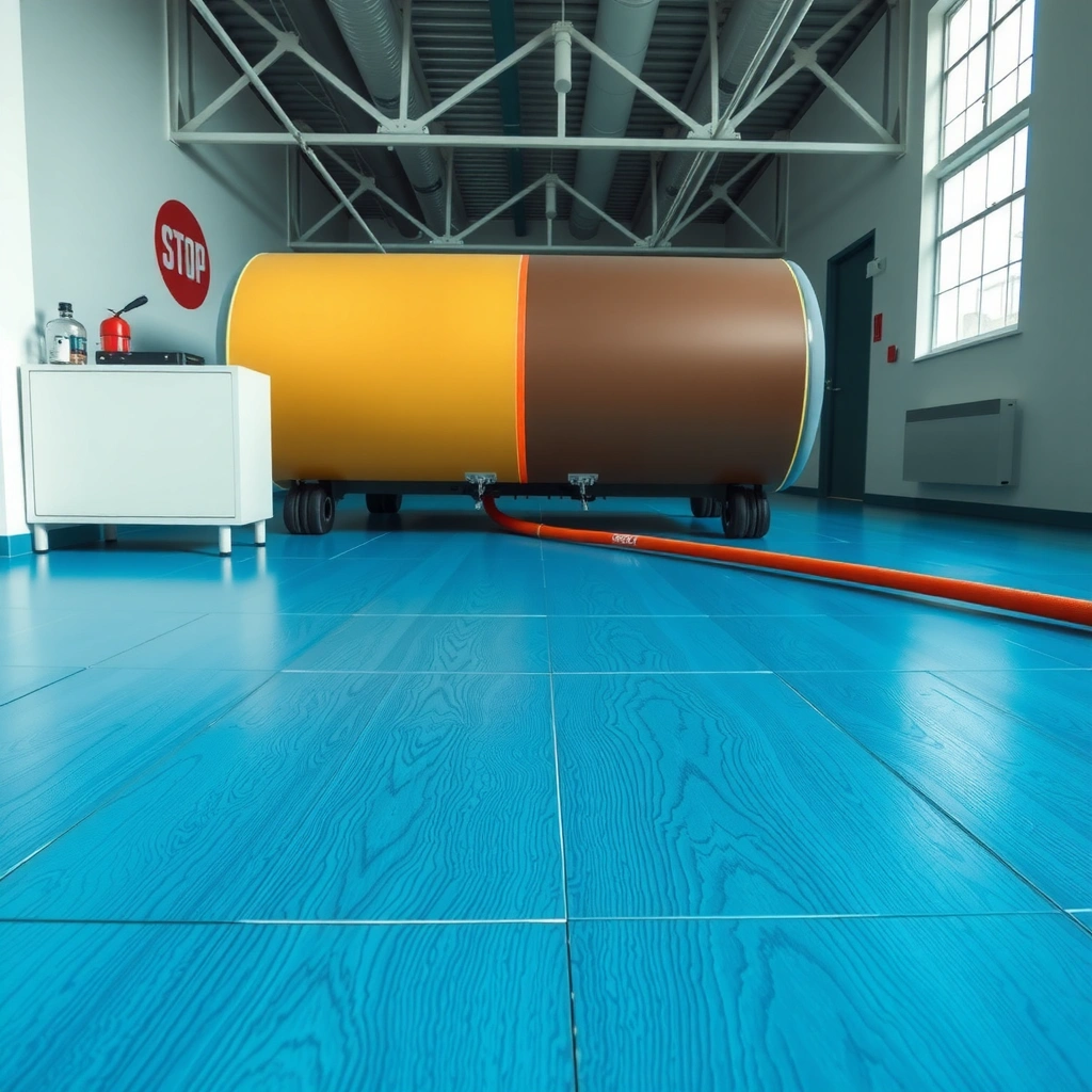 A collection of cleaning tools and solutions for maintaining sheet vinyl floors.