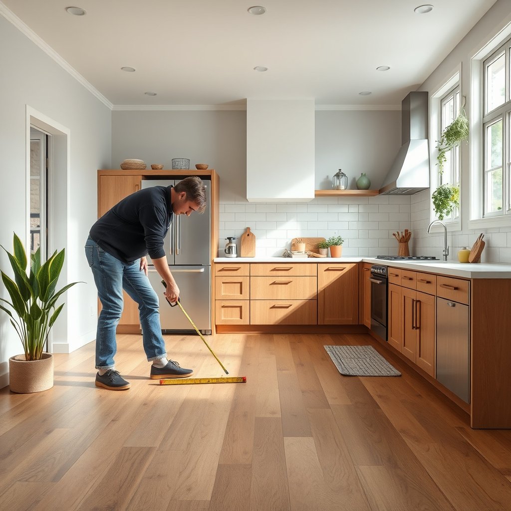 Tools and materials needed to measure vinyl floors in a kitchen preparation area.