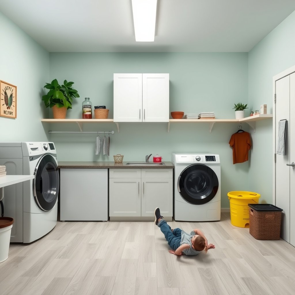 A collection of tools and vinyl flooring samples for replacing laundry room floors