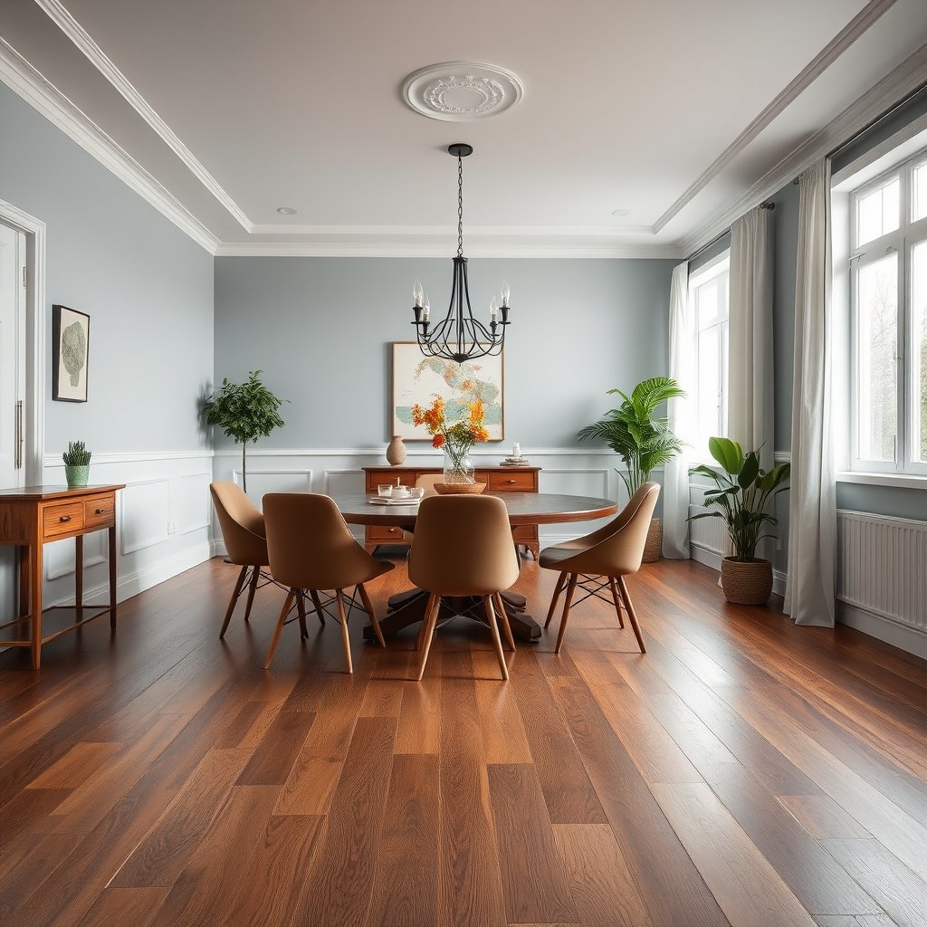Tools and materials needed to measure vinyl floors in a dining room preparation space.