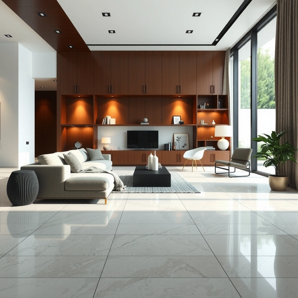 Tools and materials needed for installing granite floors in a living room.