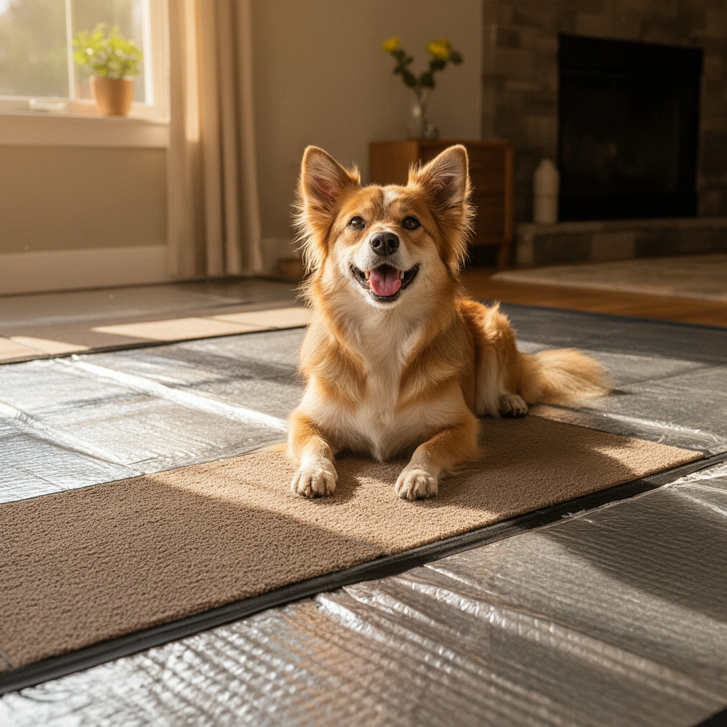 Materials needed for installing a vapor barrier under carpet tiles, including tools and supplies.