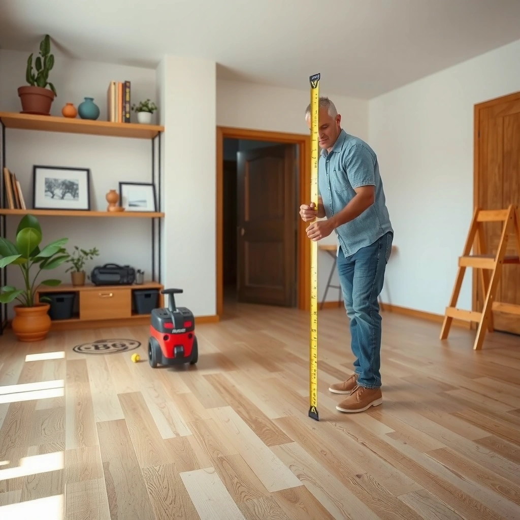 Person measuring a room for hardwood floor installation with a tape measure.