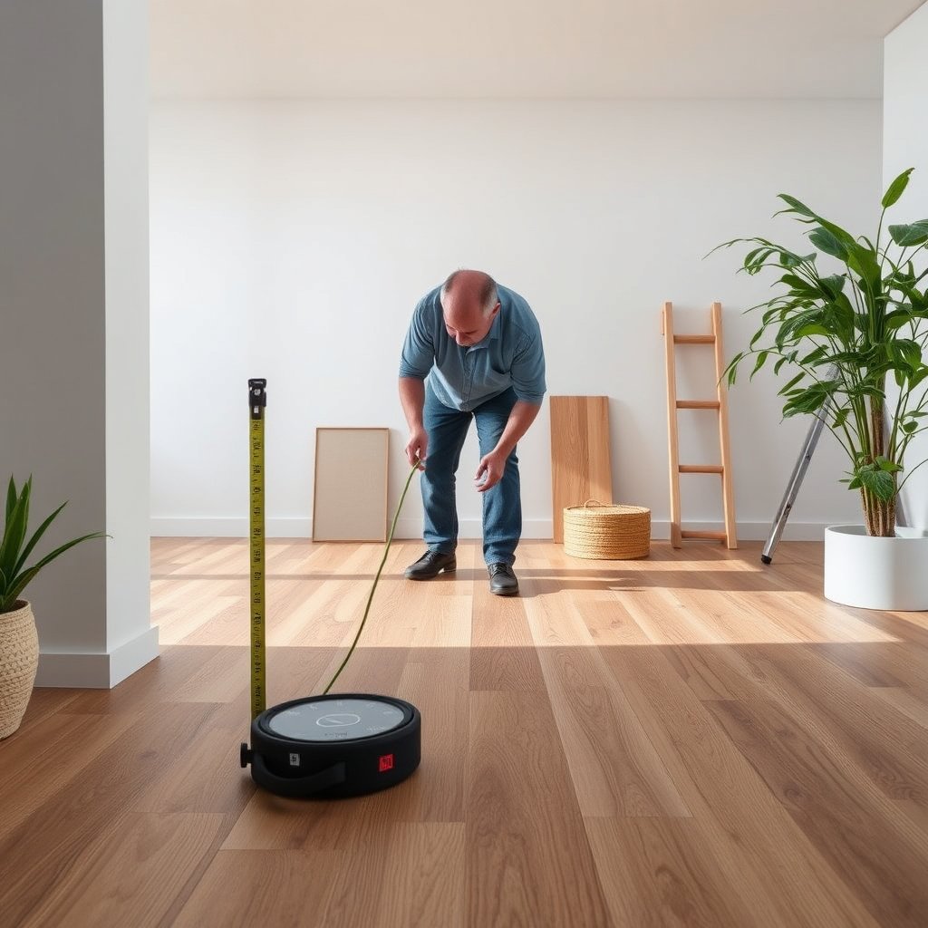 Measuring room size and reference points for wood-look tile flooring installation.