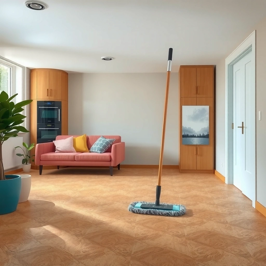 A variety of cleaning supplies for mopping cork floors, including a mop, bucket, and natural cleaners.