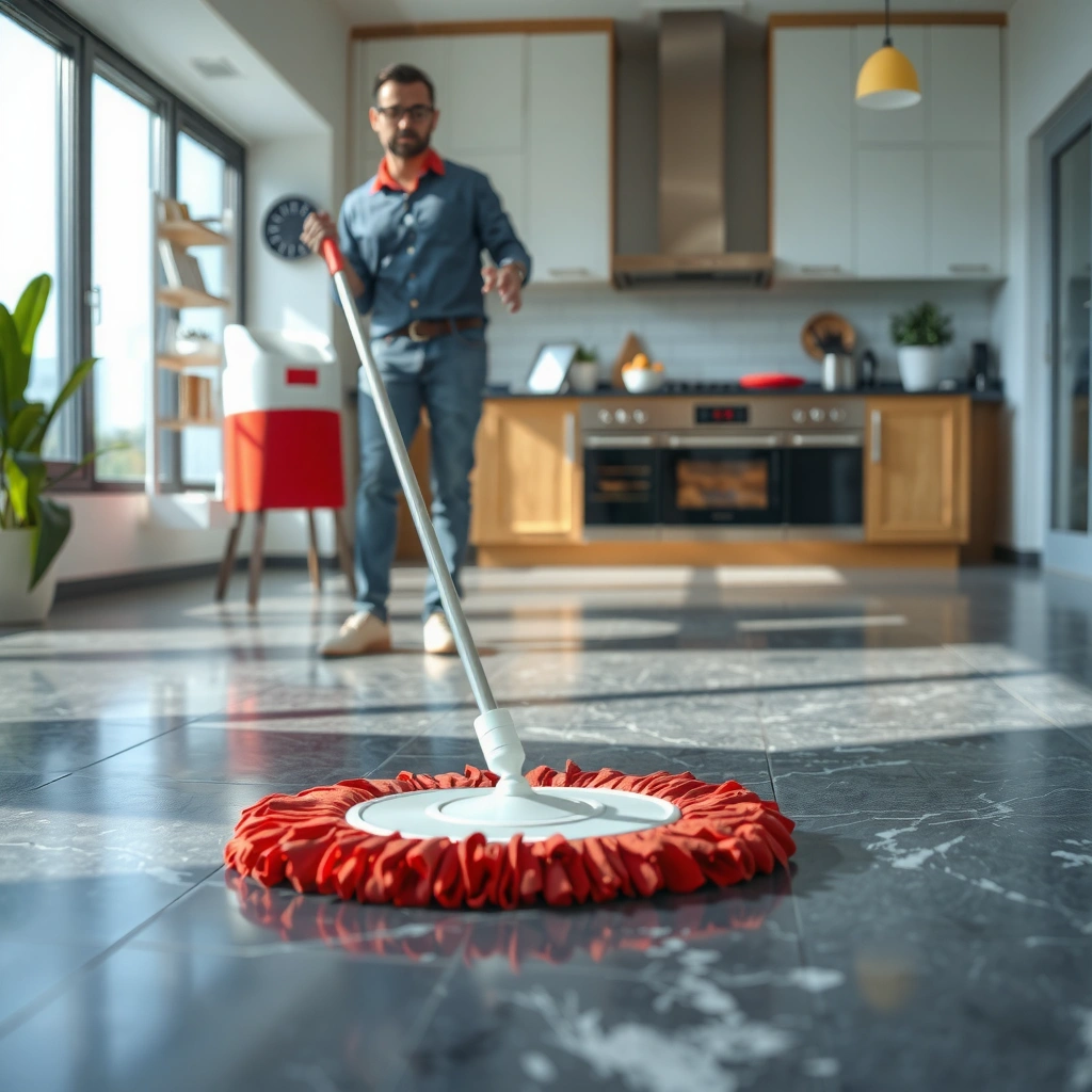 Various cleaning supplies needed for mopping granite floors, including a mop, bucket, and cleaner.