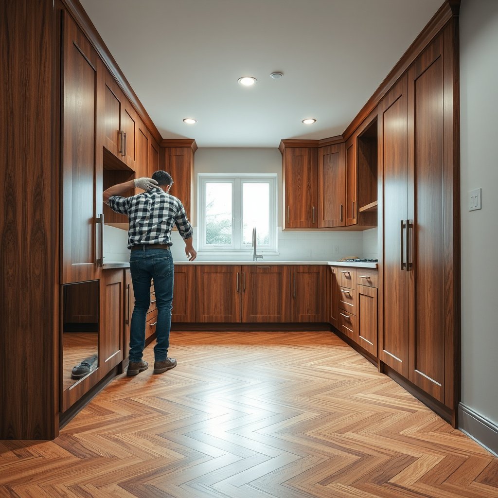 Image showing how to handle expansion gaps and finish edges on parquet floors around cabinets