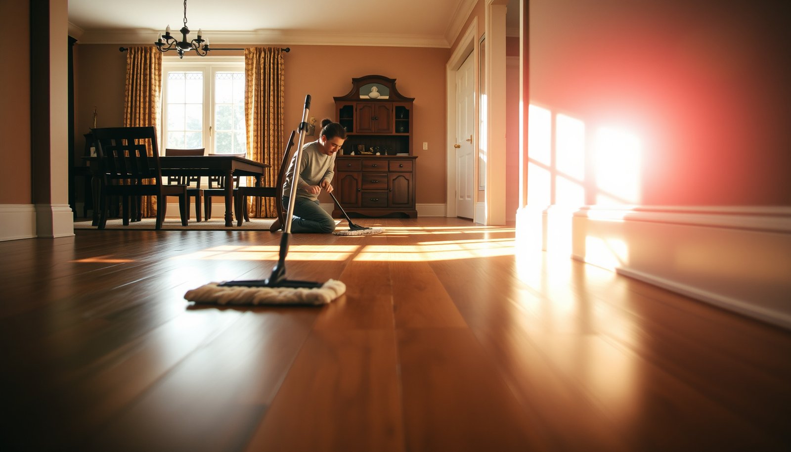 A beautifully maintained hardwood dining room floor showcasing care tips for hardwood floors.