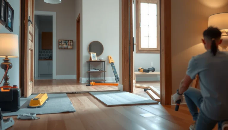 Step-by-step process of installing hardwood floors around doors in a home.